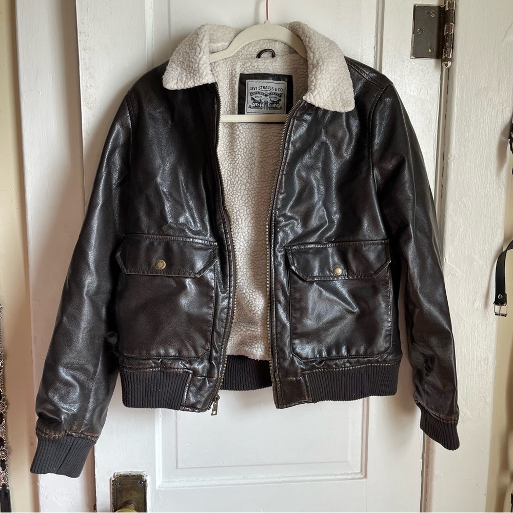 Dark Brown Faux Leather Sherpa Aviator Jacket